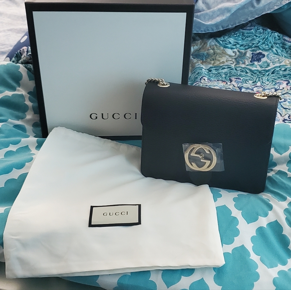 NEW! Authentic GUCCI Dollar Calfskin Small Interlocking G Shoulder Bag Black